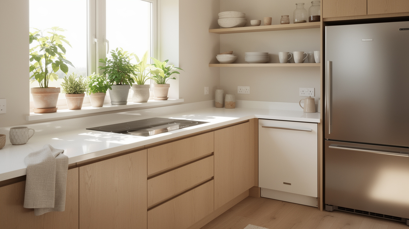 Bright modern kitchen interior in a small Irish home with sunlight through window