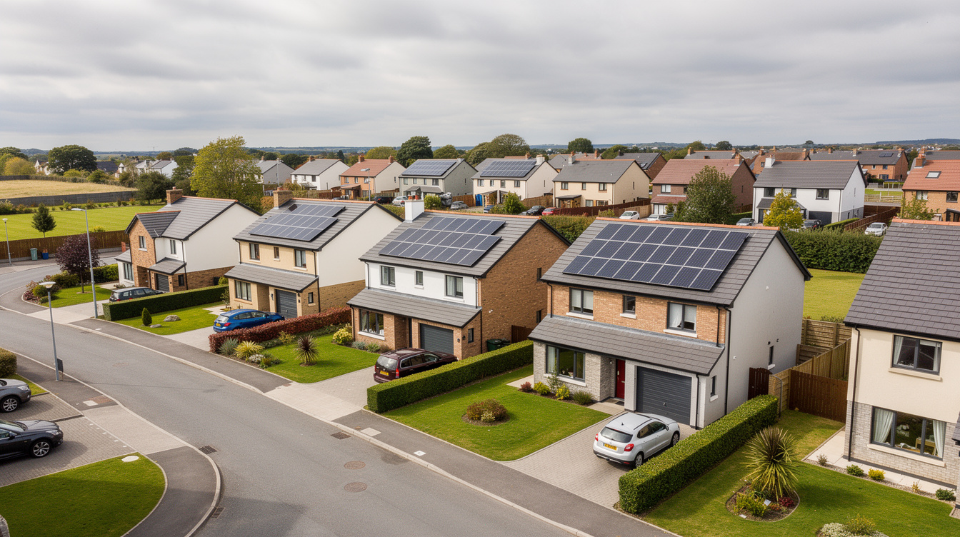 Aerial view of Irish housing estate with solar panels on multiple detached houses