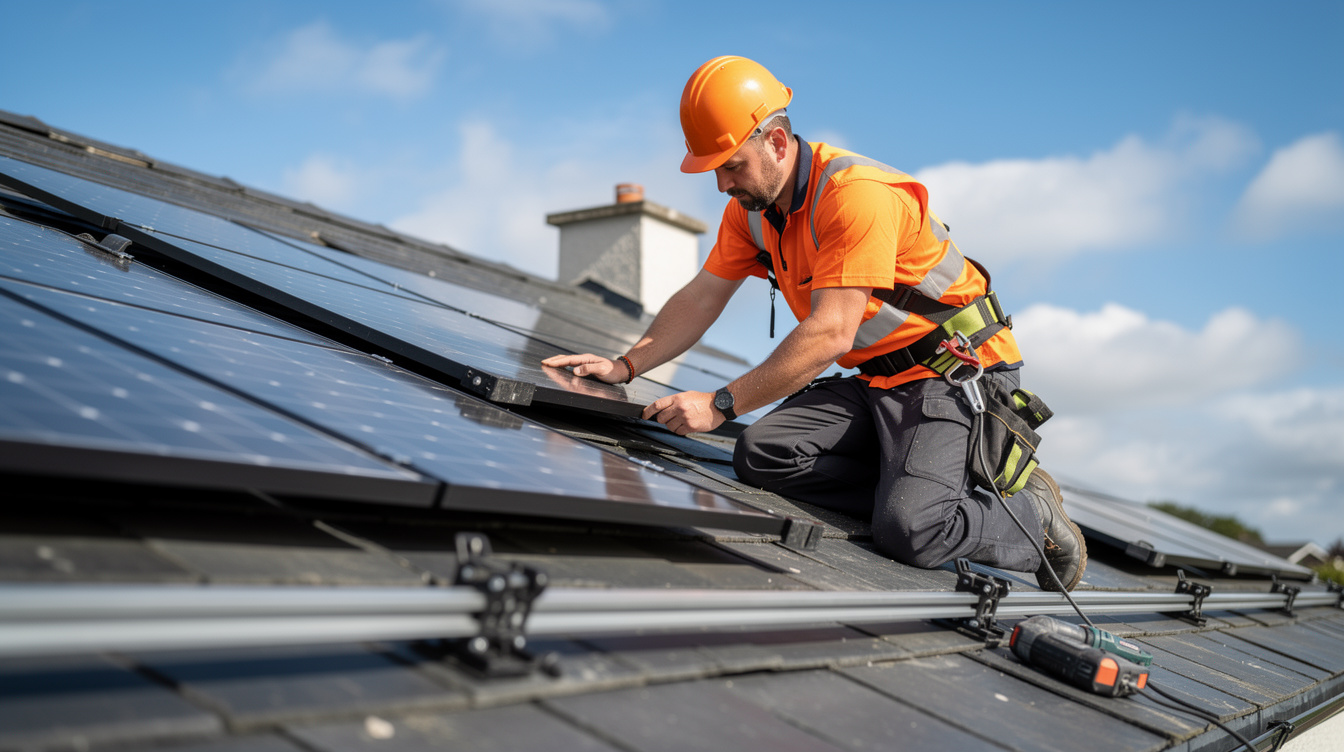 Solar panel installer mounting panels on the roof of an Irish 4-bedroom house