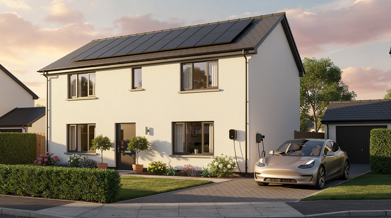 Irish family home with solar panels on roof and electric car charging in the driveway