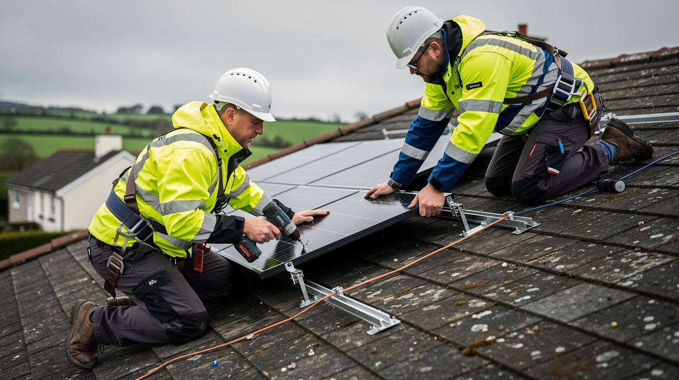 Two solar installers in hi-vis jackets mounting solar panels on an Irish house roof
