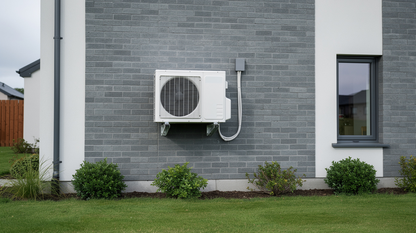 Outdoor unit of an air-to-air heat pump mounted on the brick wall of a modern Irish home