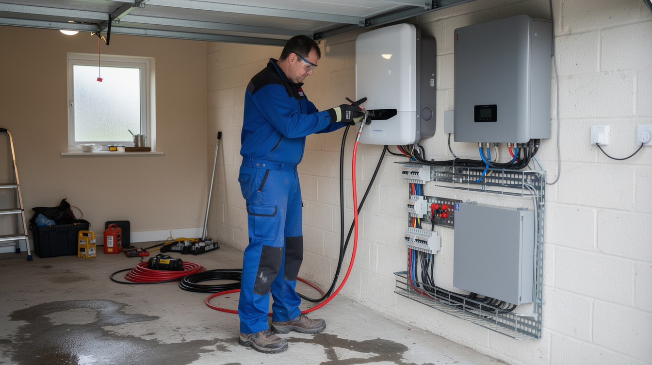 Electrician installing solar battery wiring in an Irish home garage