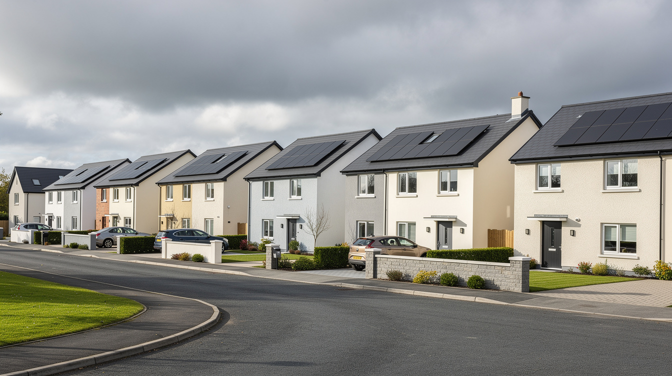Row of modern Irish semi-detached houses with solar panels on their roofs in a suburban estate under cloudy skies