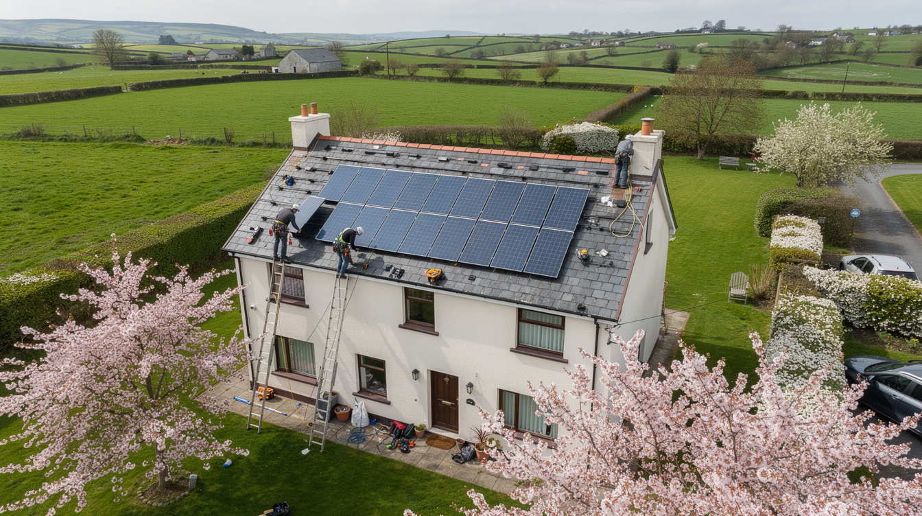 Aerial view of solar panel installers working on Irish house roof in springtime with green countryside