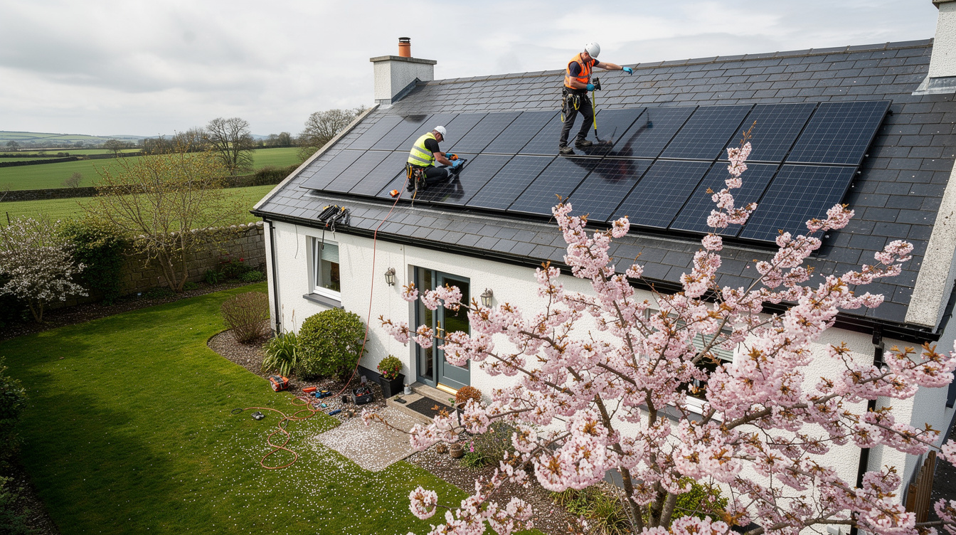 Solar installers working on an Irish house roof in spring with cherry blossoms in garden