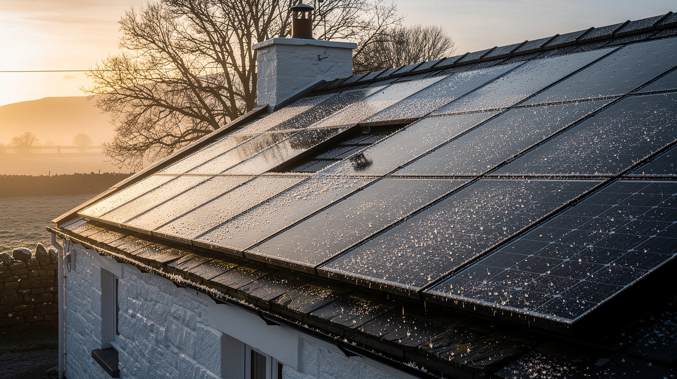 Solar panels with morning frost on an Irish cottage roof in winter with low golden sun