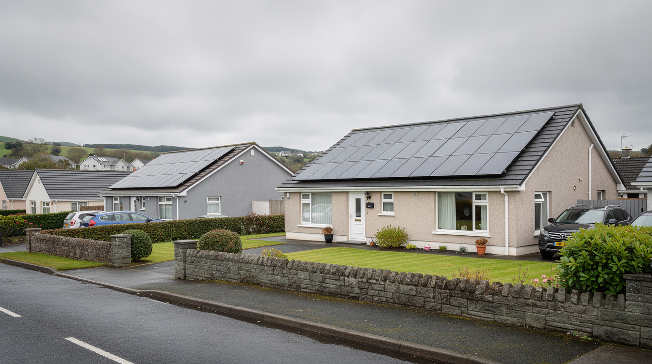 Row of Irish bungalows with solar panels installed on roofs