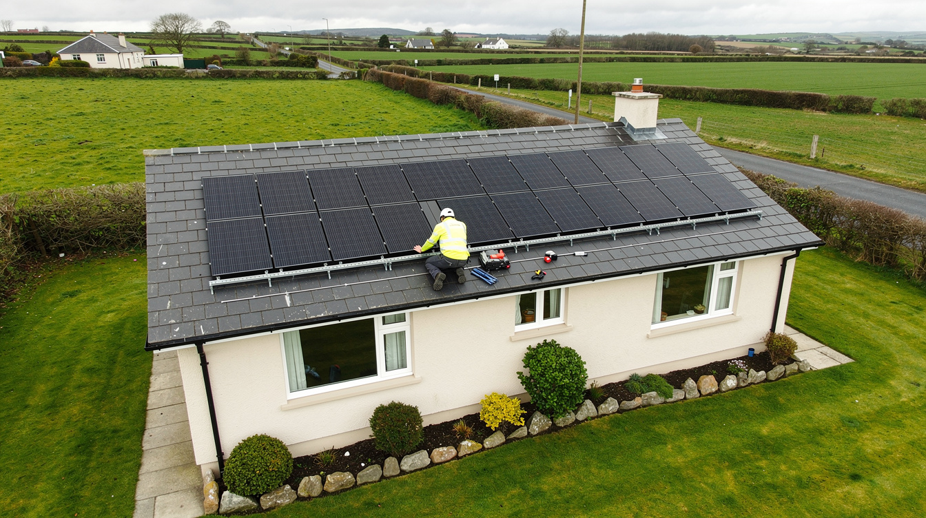 Solar panel installer working on an Irish bungalow roof