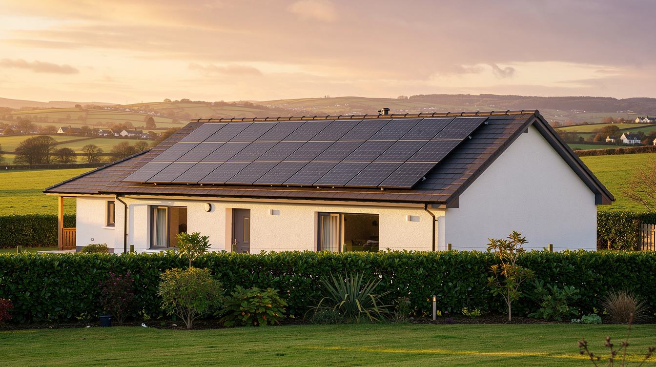Irish bungalow with solar panels at sunset, green countryside background