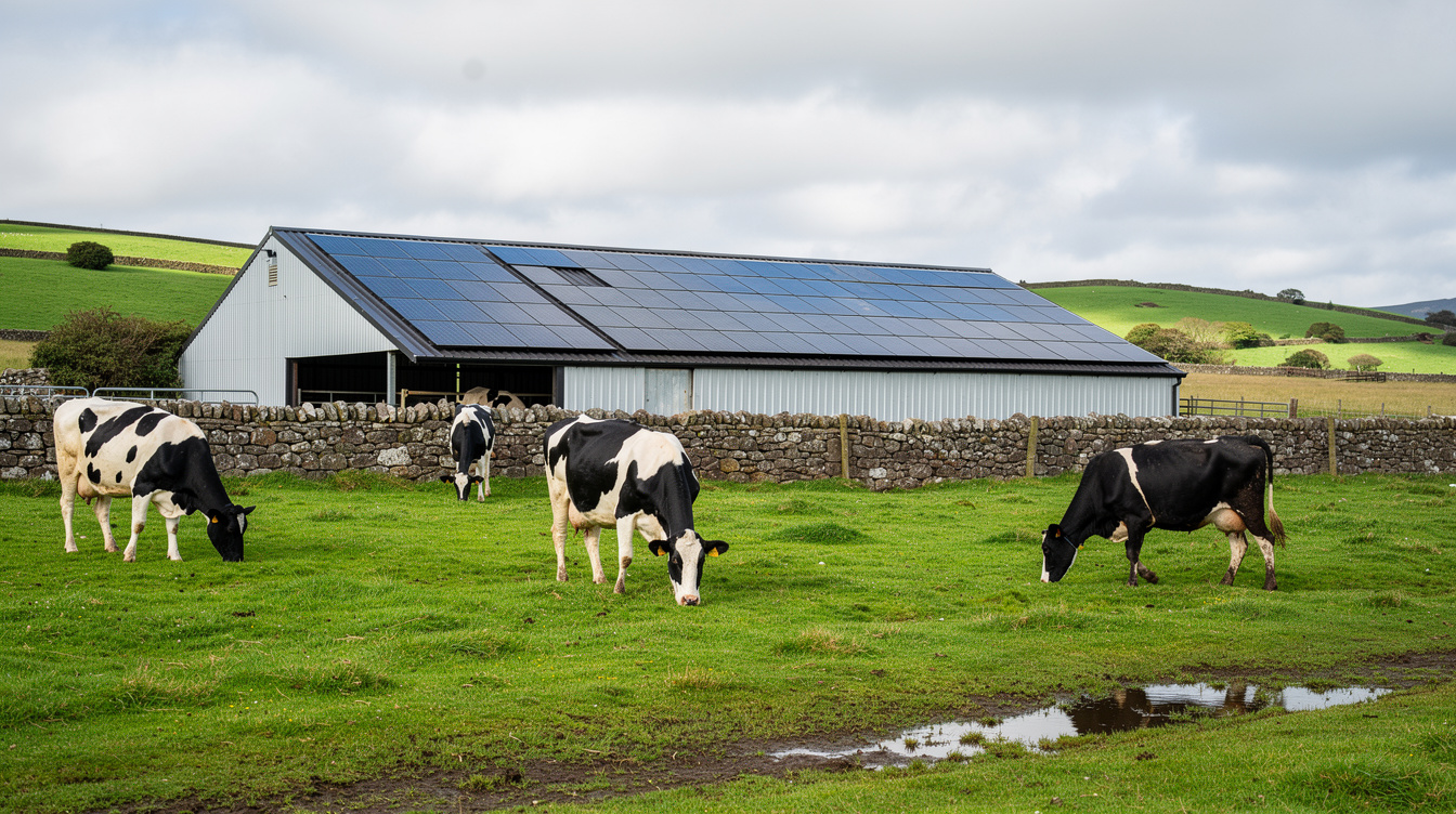 Irish dairy farm shed with solar panels on the roof, cows grazing in the foreground