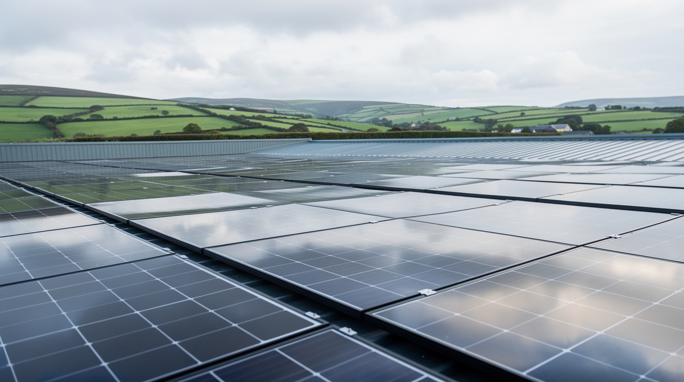 Close-up view of solar panels on a warehouse roof with green Irish countryside in the background