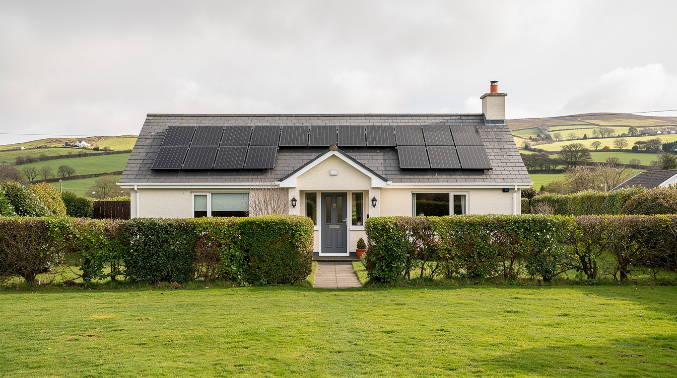 Completed solar panel installation on Irish bungalow with green fields in background
