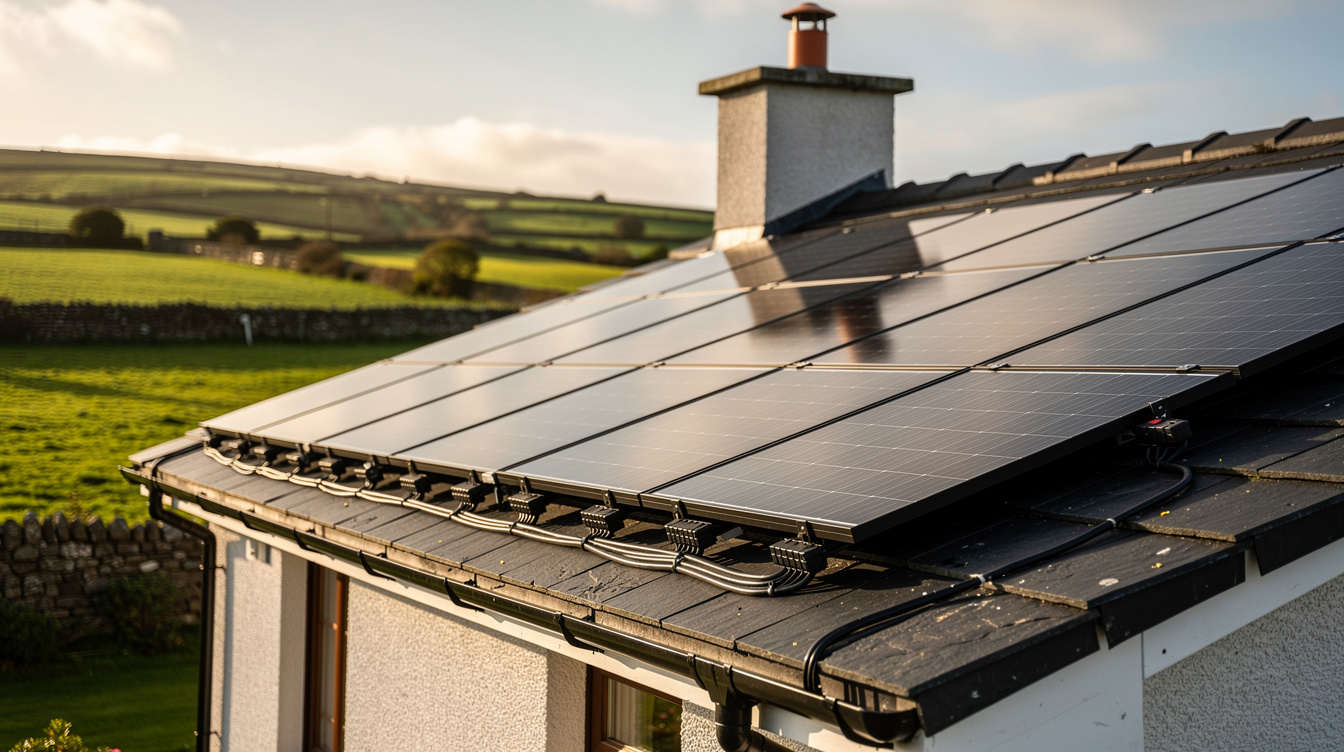 Completed solar panel installation on an Irish bungalow with neat cable routing, green fields and stone walls in the background