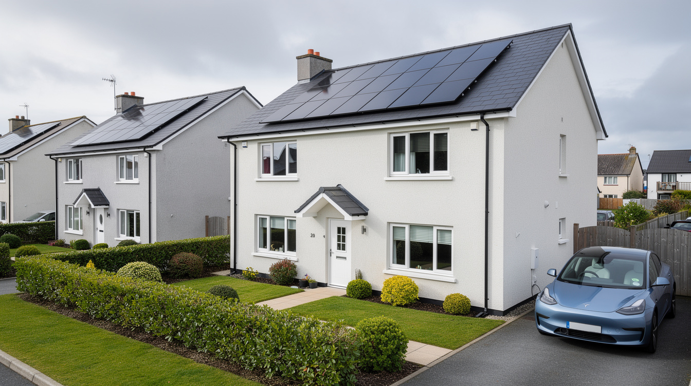 Semi-detached house in Cork estate with solar panels and EV in driveway