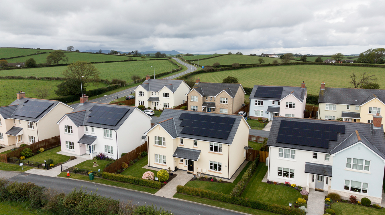 Aerial view of Irish housing estate with detached houses fitted with solar panels