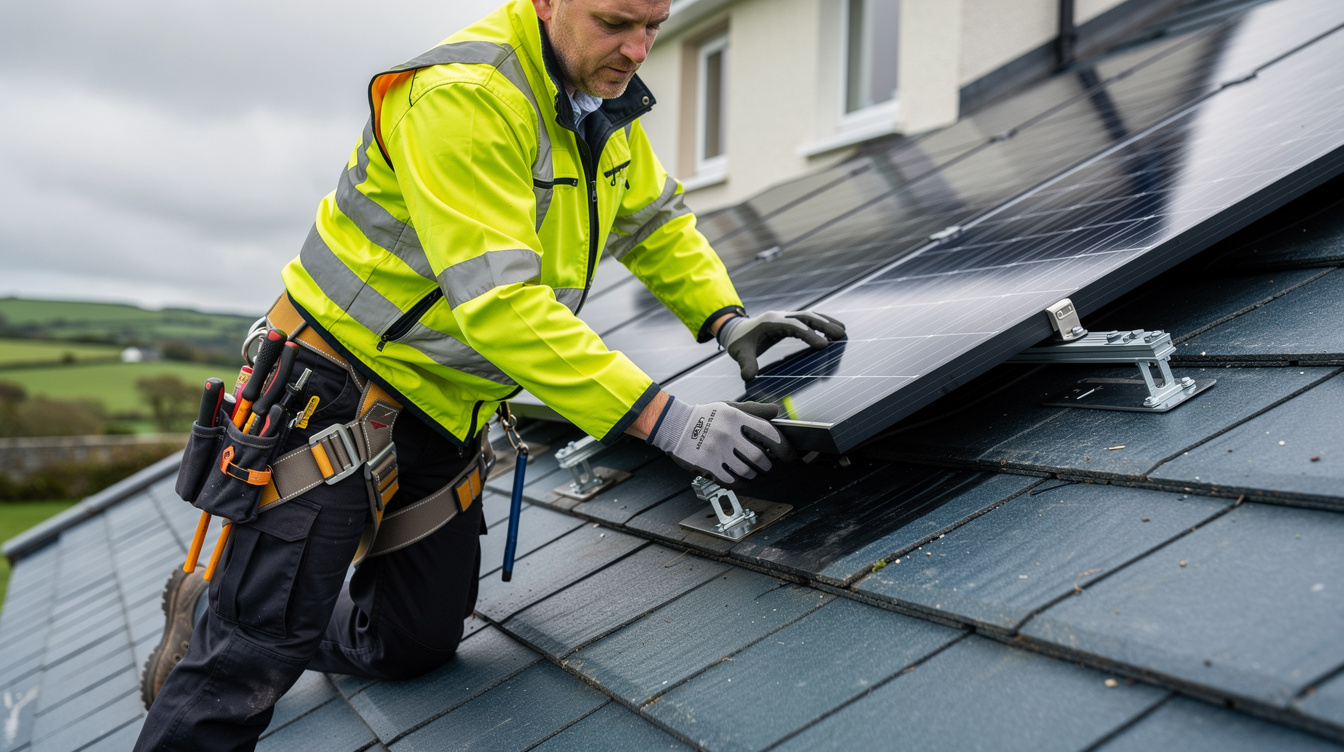 Solar panel installer fitting panels on an Irish detached house roof