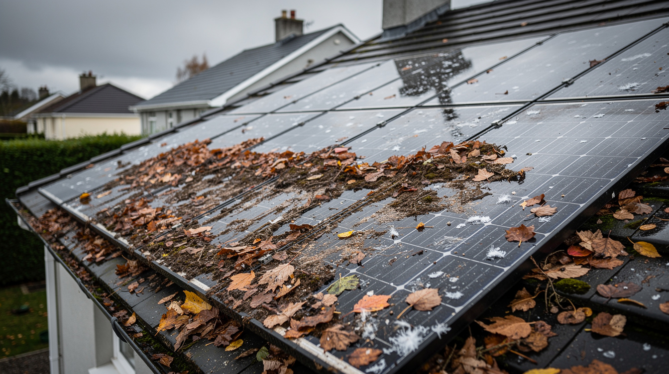 Dirty solar panels with leaves and bird droppings on an Irish house roof