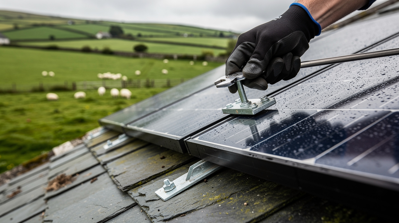 Close-up of an installer tightening solar panel mounting brackets on a farmhouse roof in rural Ireland with sheep in the background