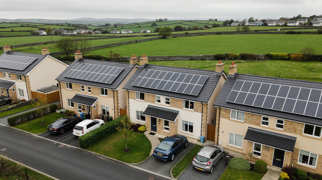 Aerial view of an Irish housing estate with solar panels on multiple rooftops surrounded by green farmland
