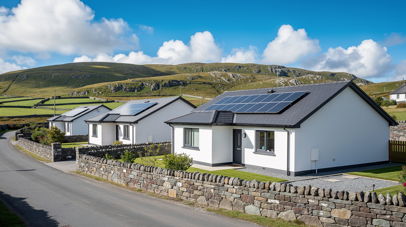 Row of modern bungalows with solar panels in a Donegal village with hills in background