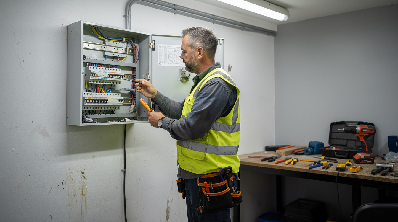 Electrician in hi-vis vest working on consumer unit in Irish utility room