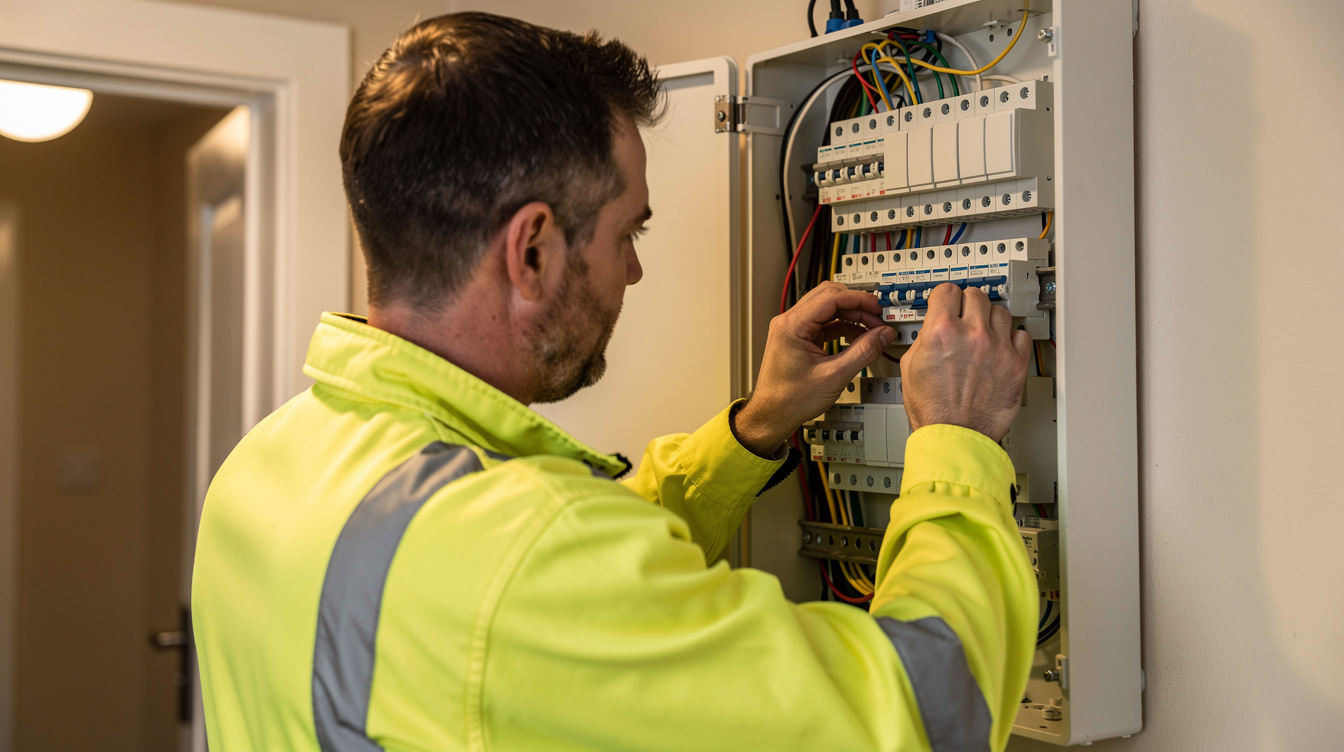 Electrician working on a fuse board in an Irish home during solar panel installation
