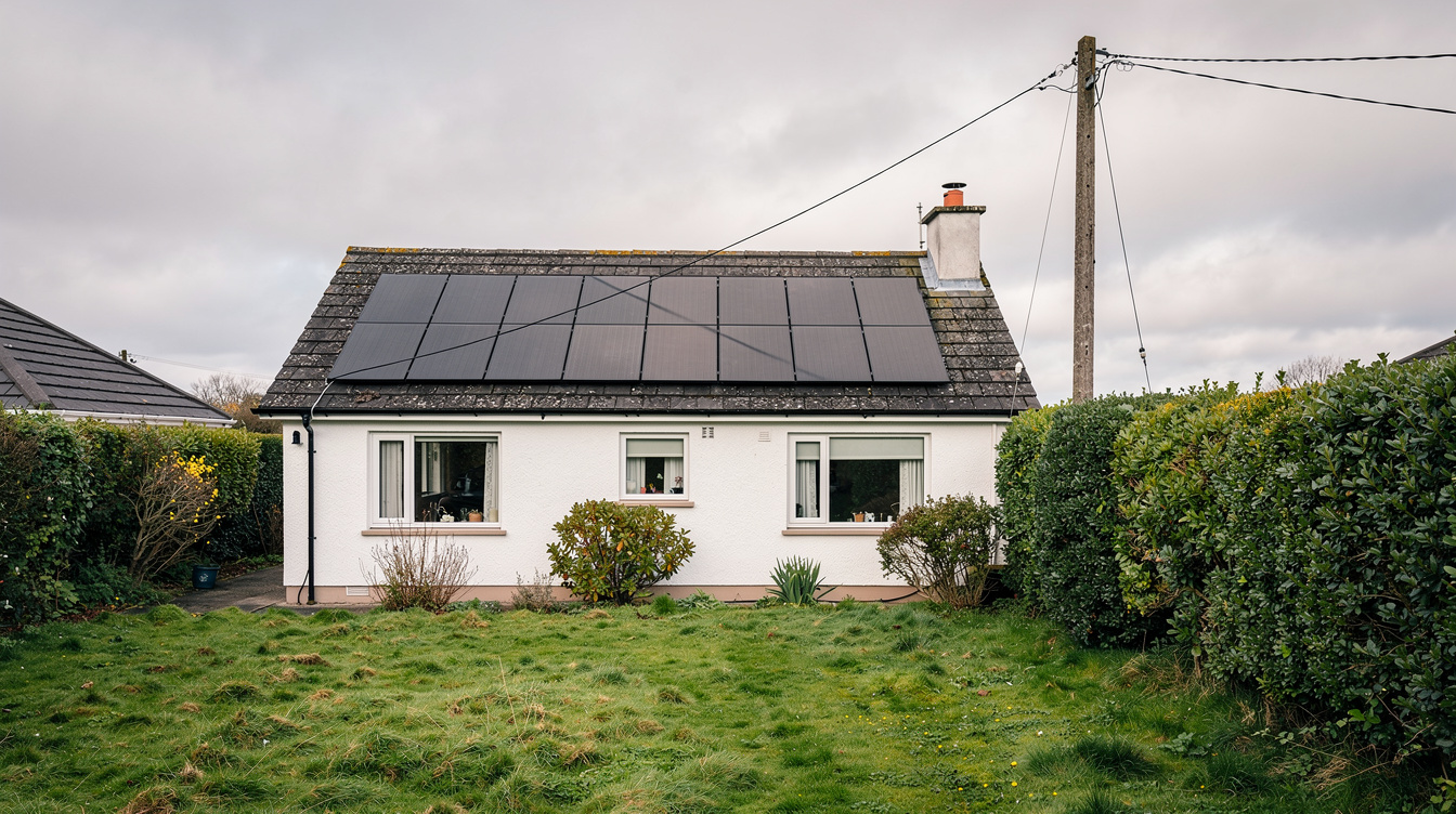 Irish bungalow with solar panels on roof connected to the electricity grid