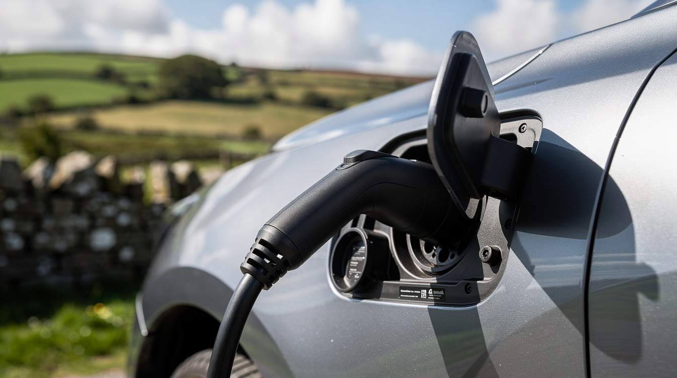 Close-up of an electric vehicle charge port with charging cable connected, Irish countryside visible blurred in background