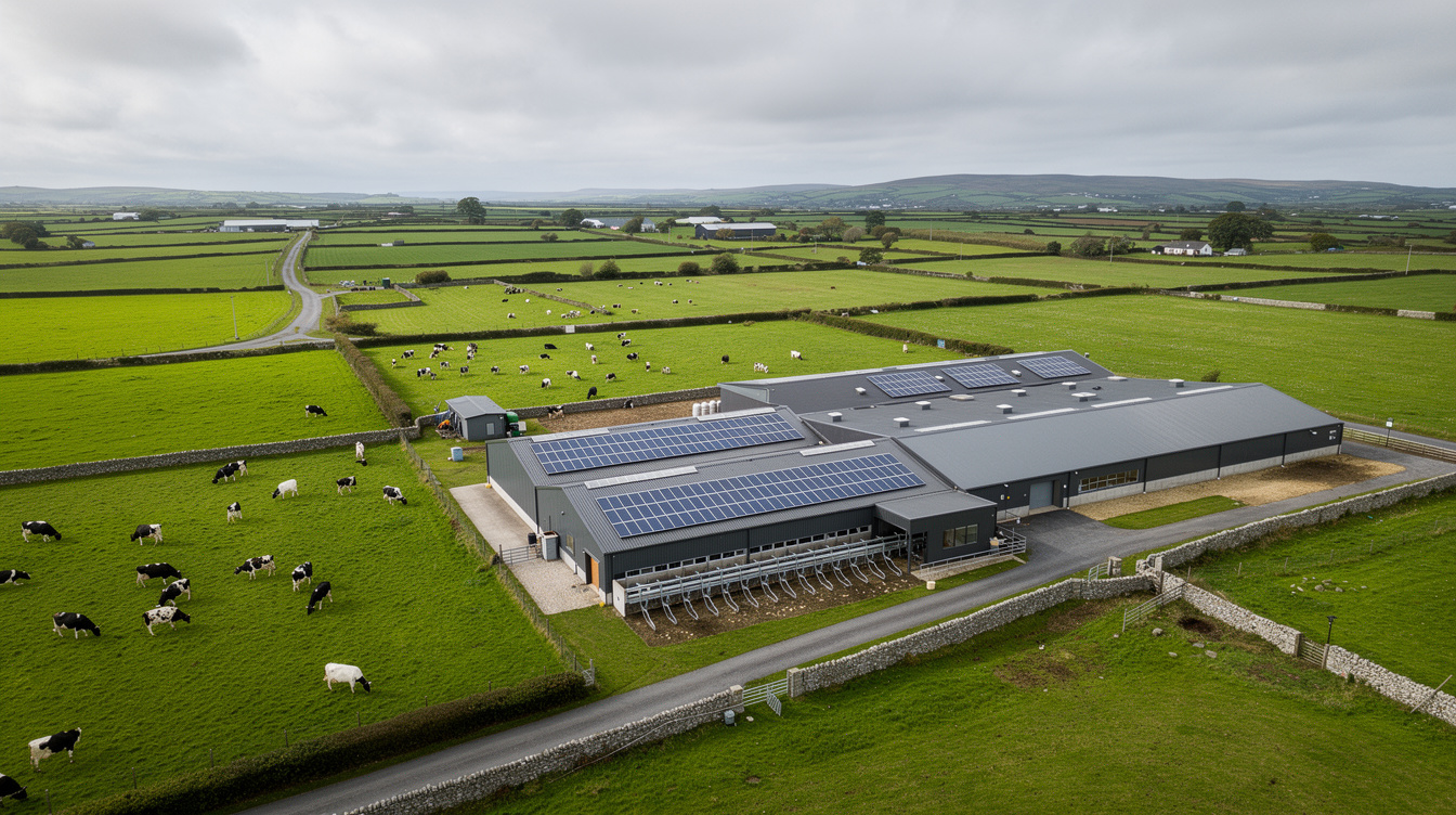Aerial view of Irish dairy farm with solar panels on shed roofs and green pastures
