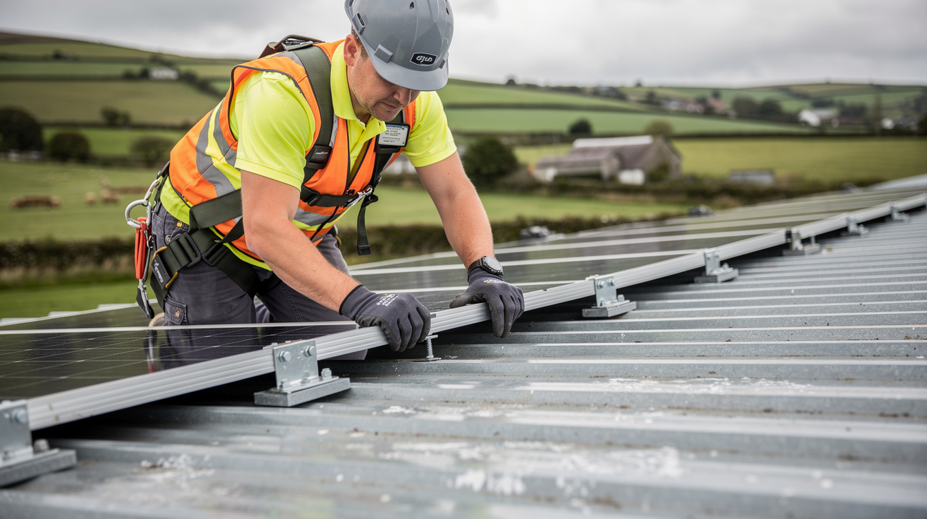 Solar installer working on mounting brackets on corrugated farm shed roof in rural Ireland