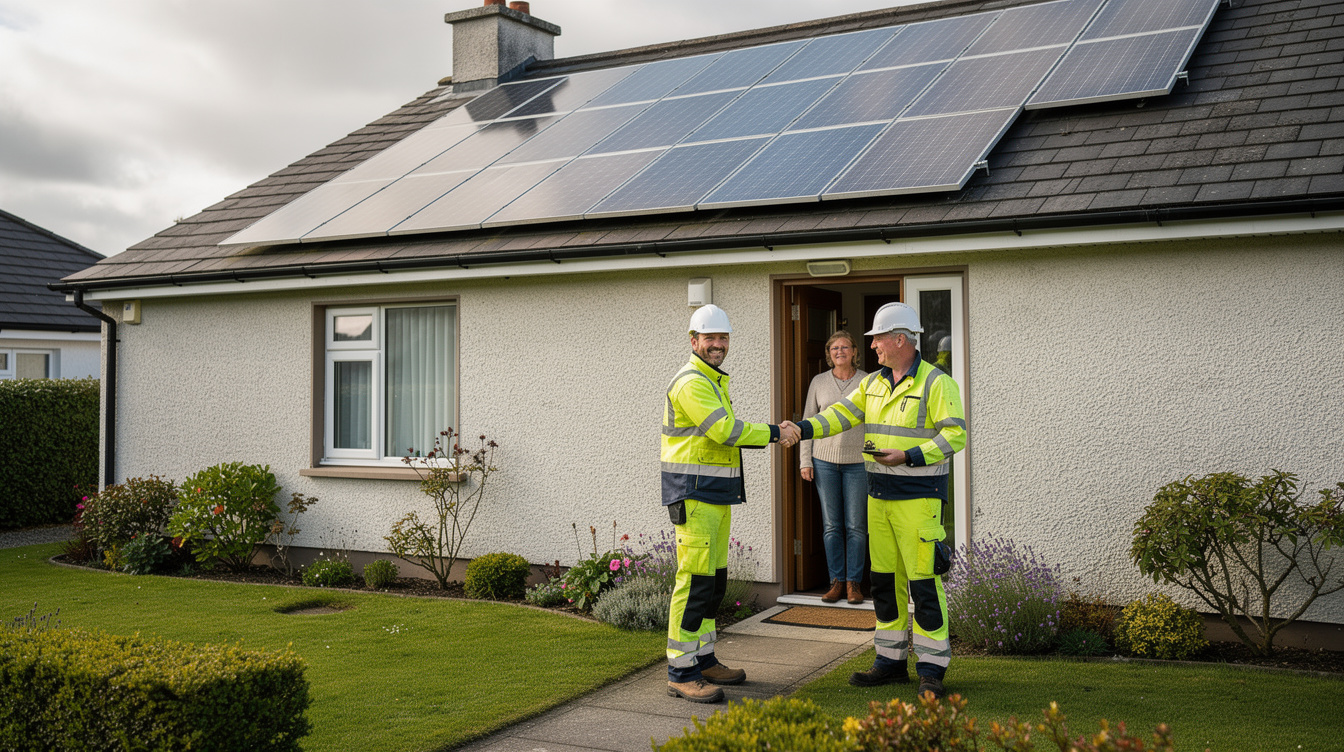 Solar installers meeting homeowner outside Irish house with solar panels on roof