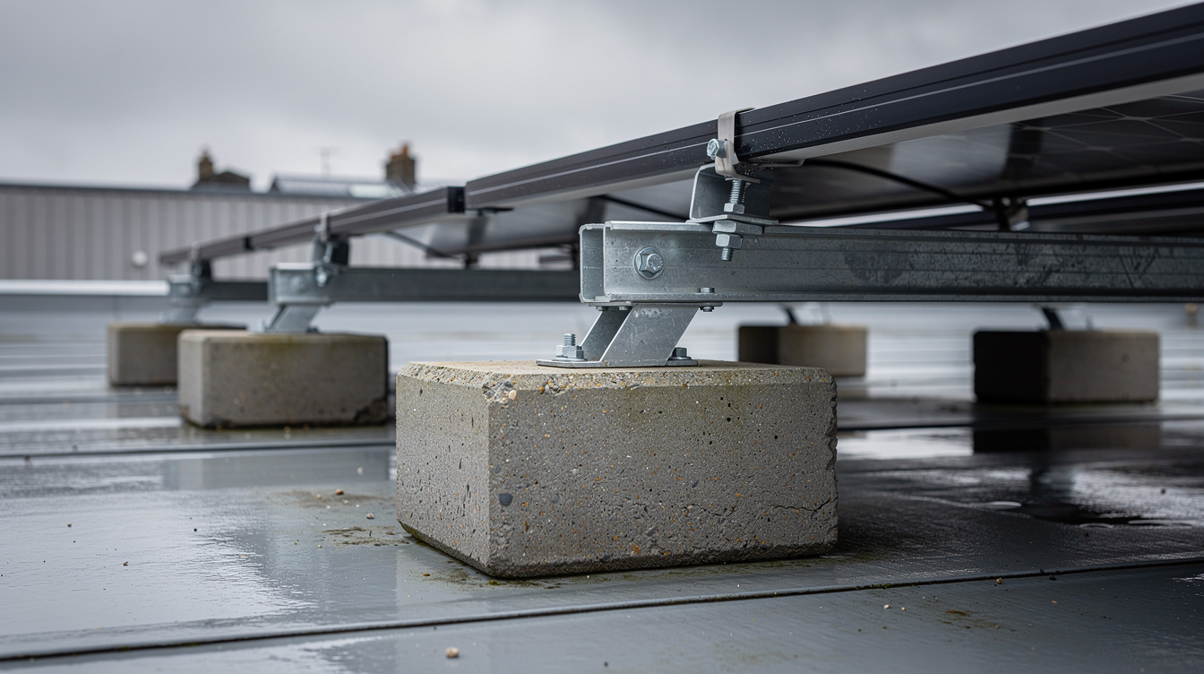 Close-up of a ballasted solar panel mounting system showing concrete blocks and angled metal frames on a flat roof