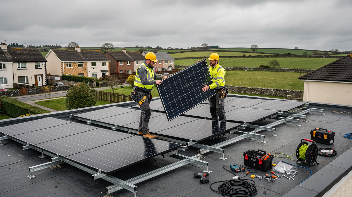 Two installers in hi-vis vests placing solar panels on tilted mounting frames on a flat roof with Irish countryside in the background