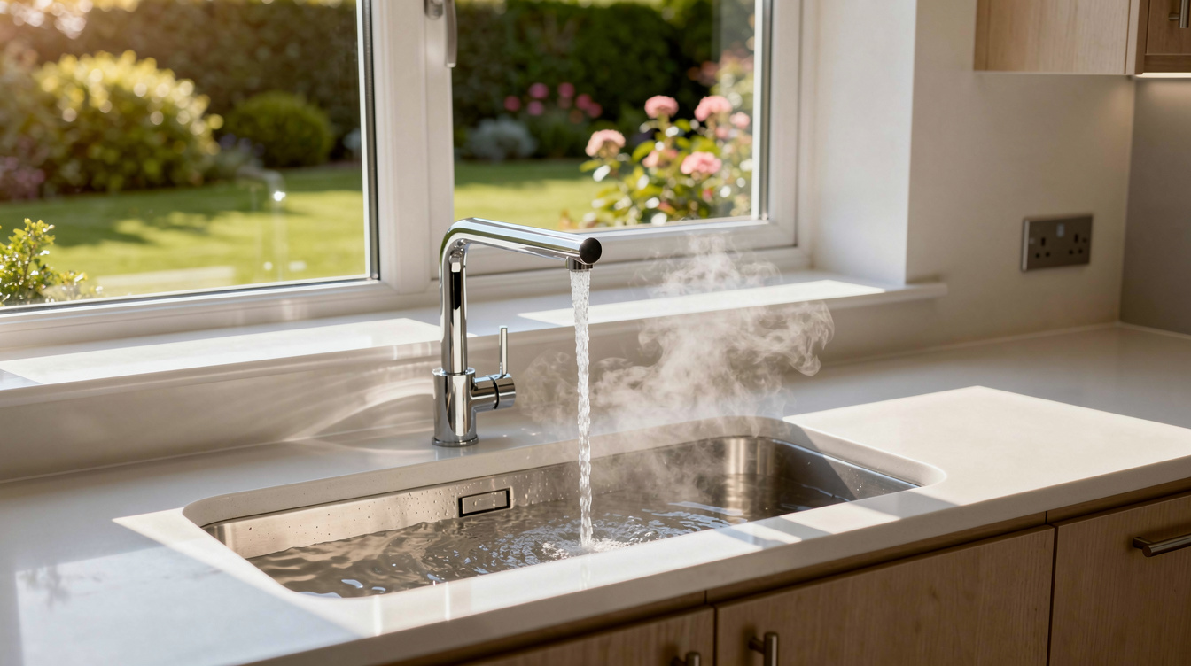 Steaming hot water flowing from a kitchen tap with sunlight streaming through window