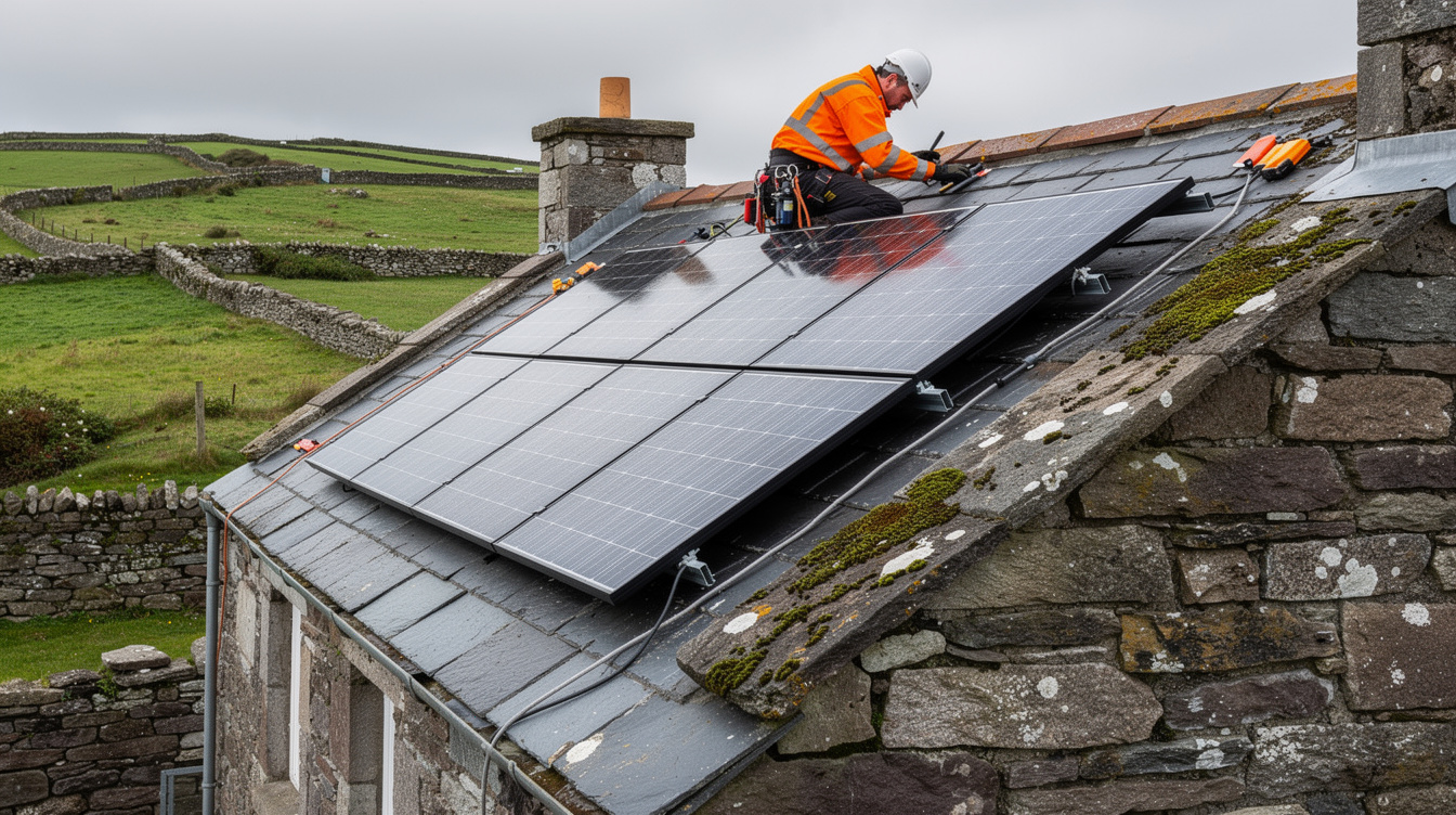 Solar panel installation on a traditional stone cottage in rural Galway with green hills in the background