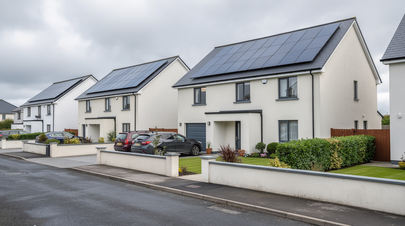 Modern housing estate in Galway suburbs with solar panels on rooftops under cloudy sky