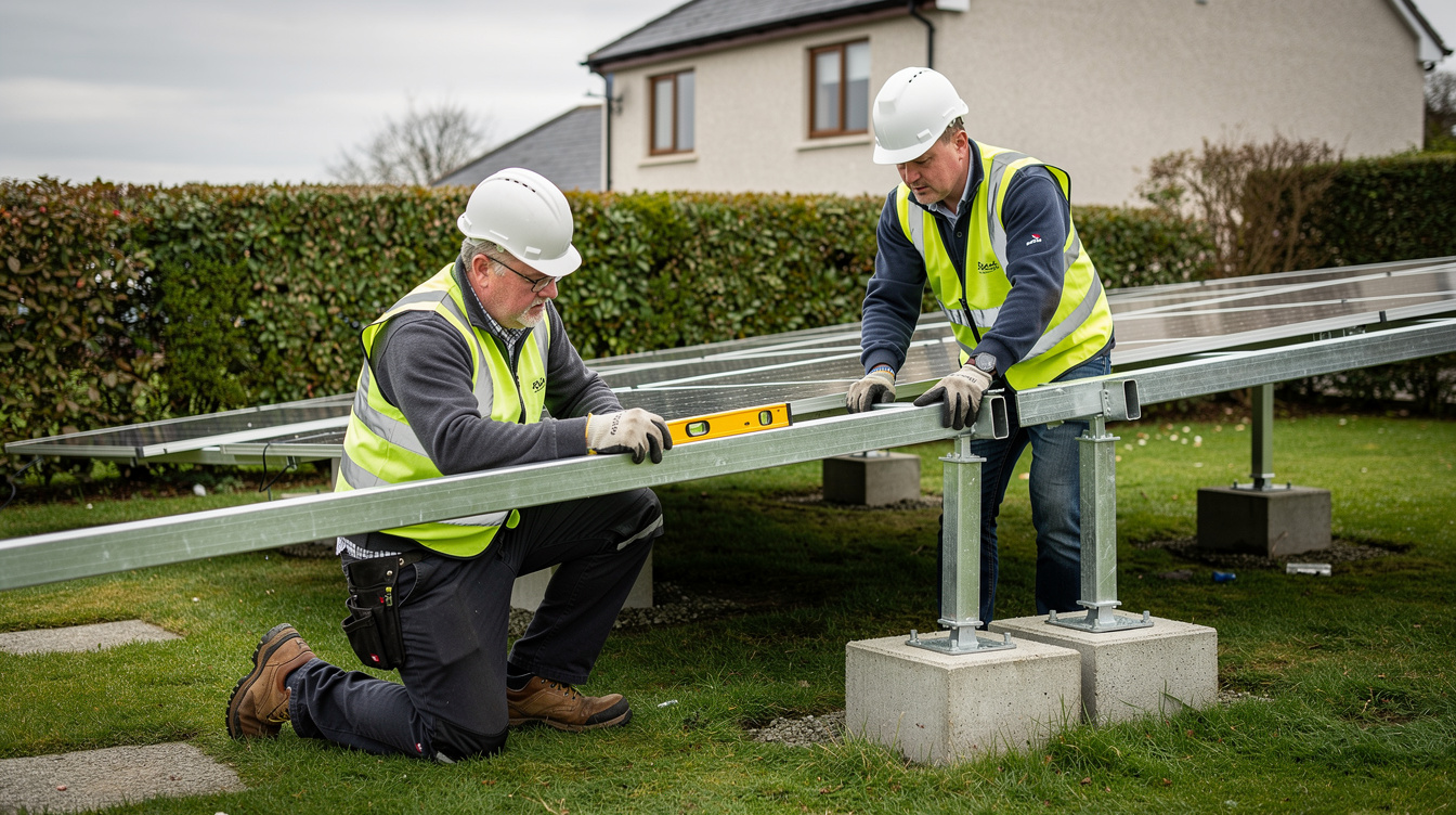Workers installing ground-mounted solar panel racking system in Irish garden
