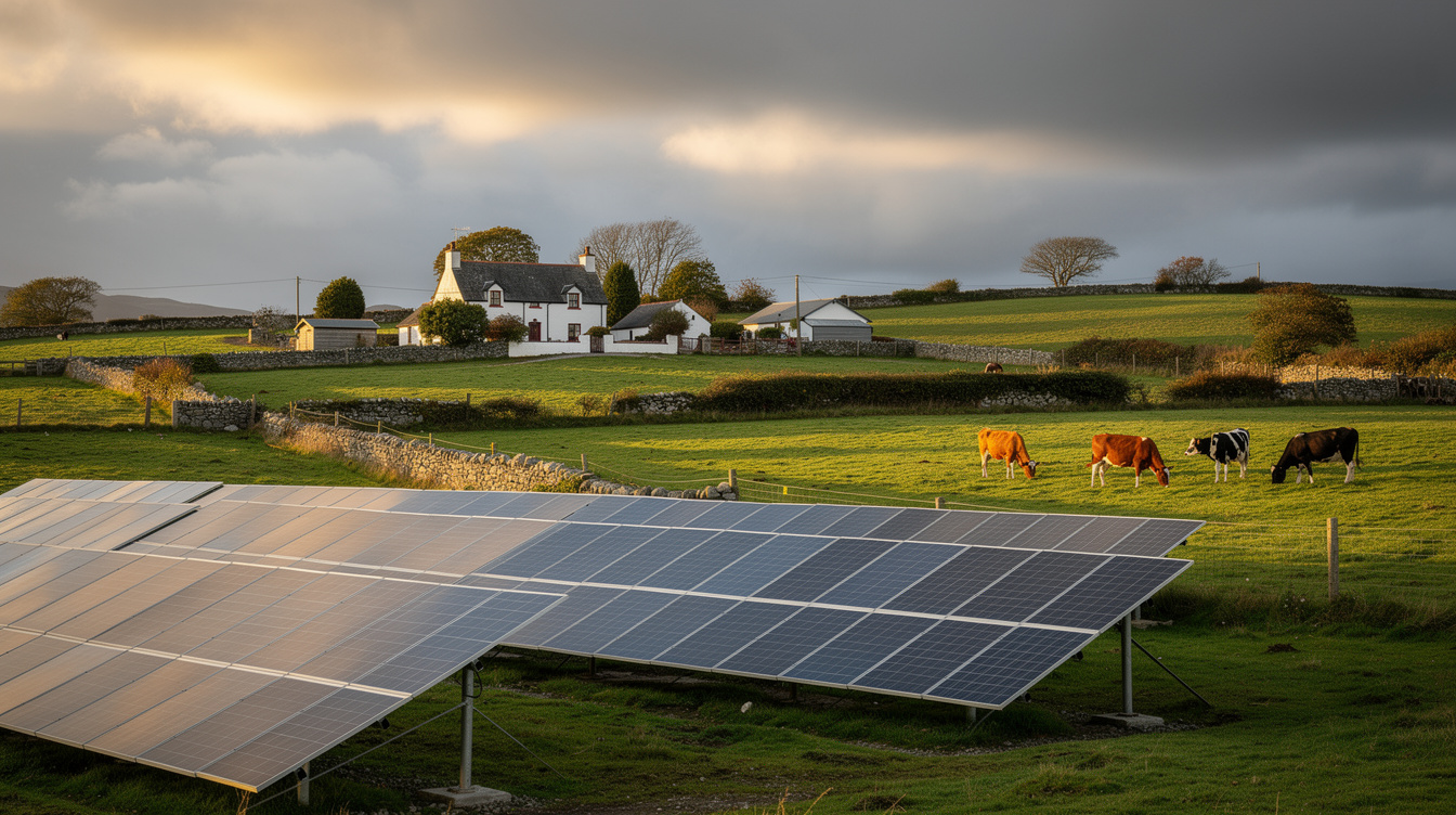 Large ground-mounted solar array on Irish farmland with cows and traditional farmhouse