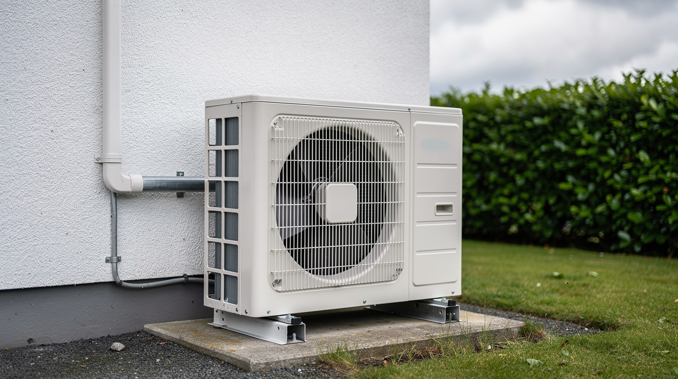 Heat pump outdoor unit installed beside an Irish home with green hedge in background