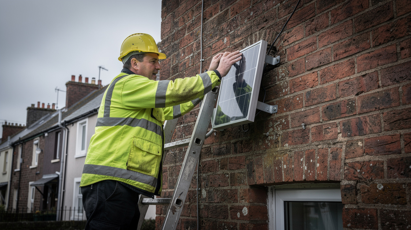 Electrician in hi-vis jacket installing a small solar panel on the wall of an Irish building