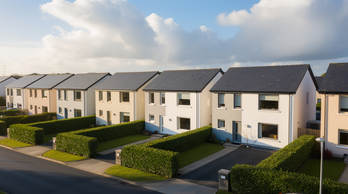 Row of modern Irish two-storey houses suitable for air-to-air heat pump installations