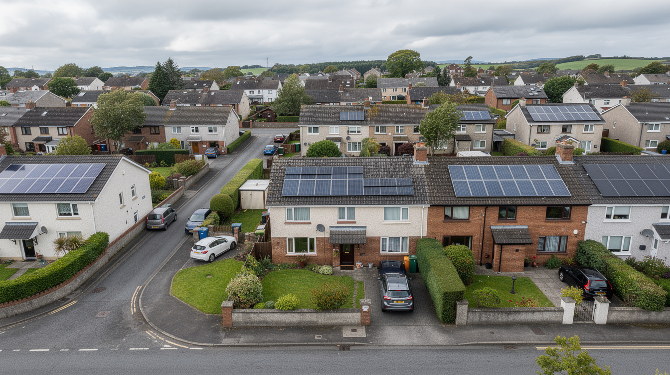 Aerial view of Irish suburban neighbourhood with solar panels on house roofs and green gardens