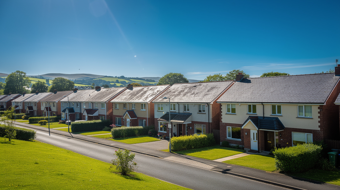 Irish housing estate on a bright sunny summer day with blue sky