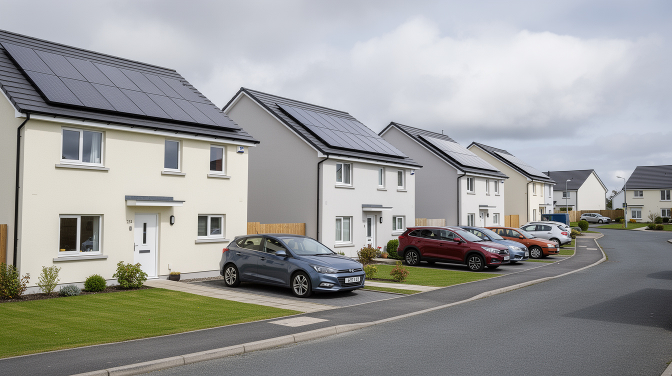 Modern housing estate in Kerry town with solar panels on rooftops