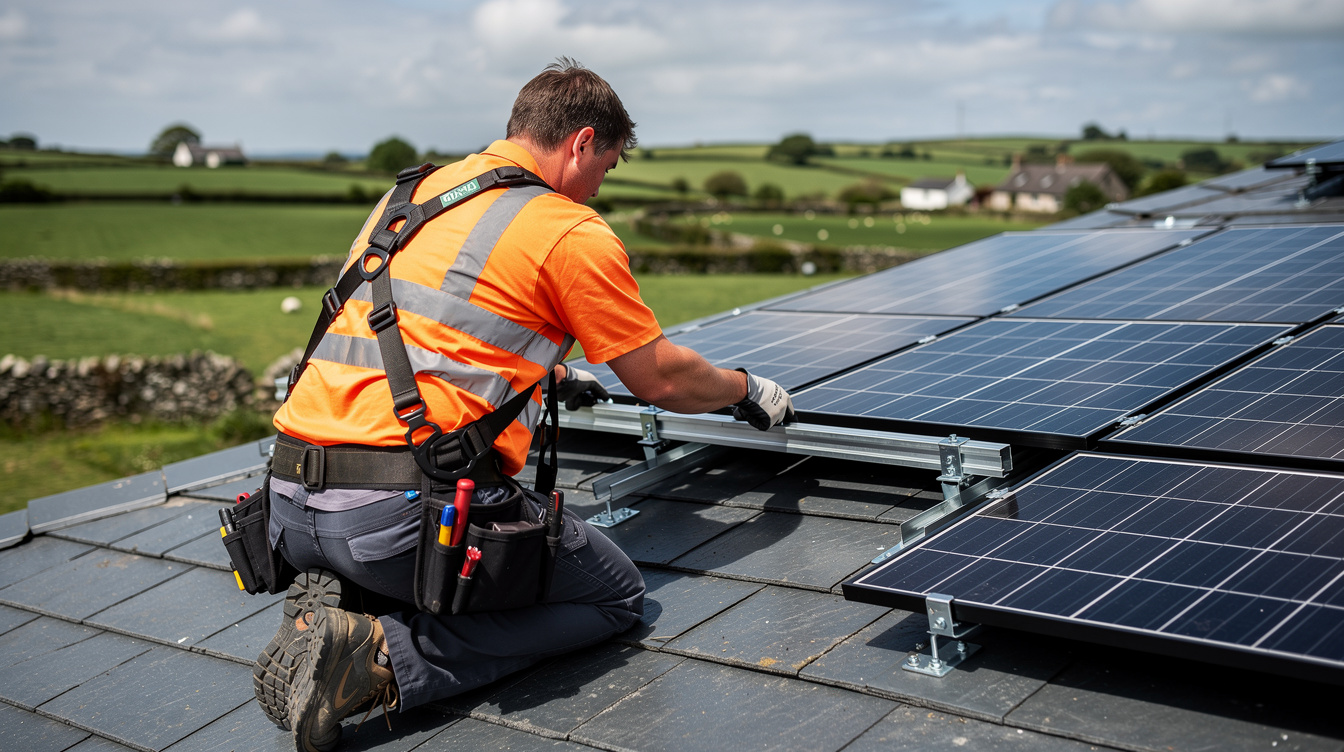 Solar panel installer working on a Kerry rooftop with green countryside in background