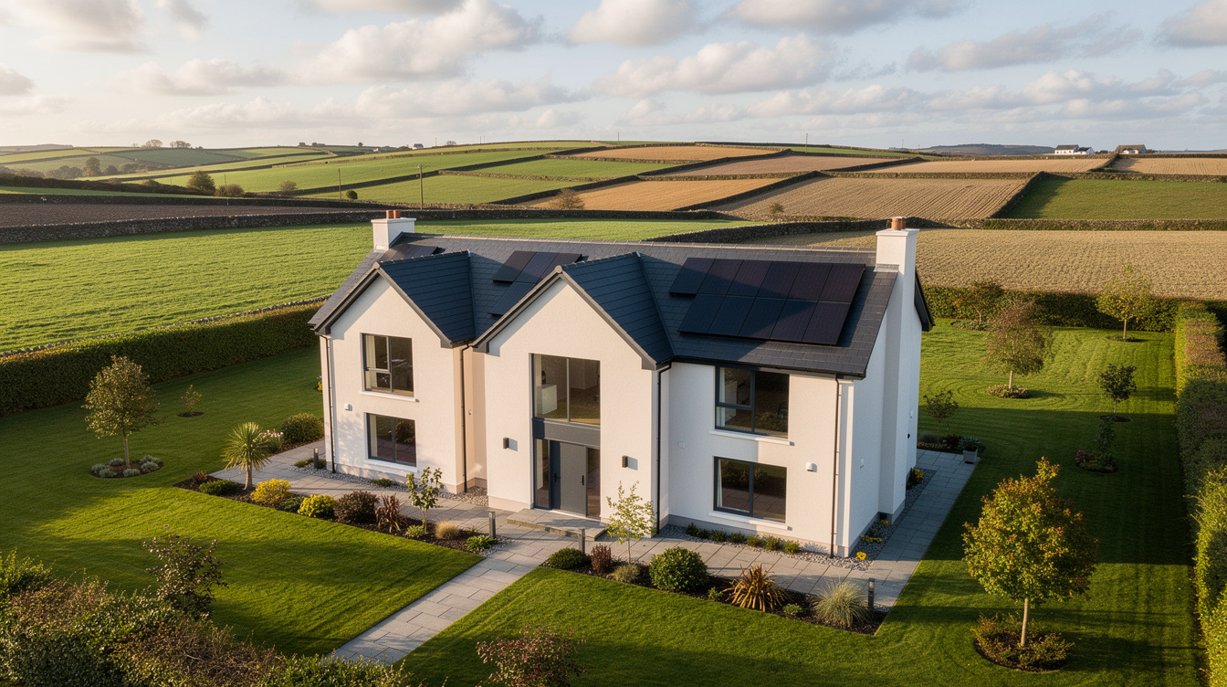 Large modern Irish detached home with multiple roof pitches covered in solar panels