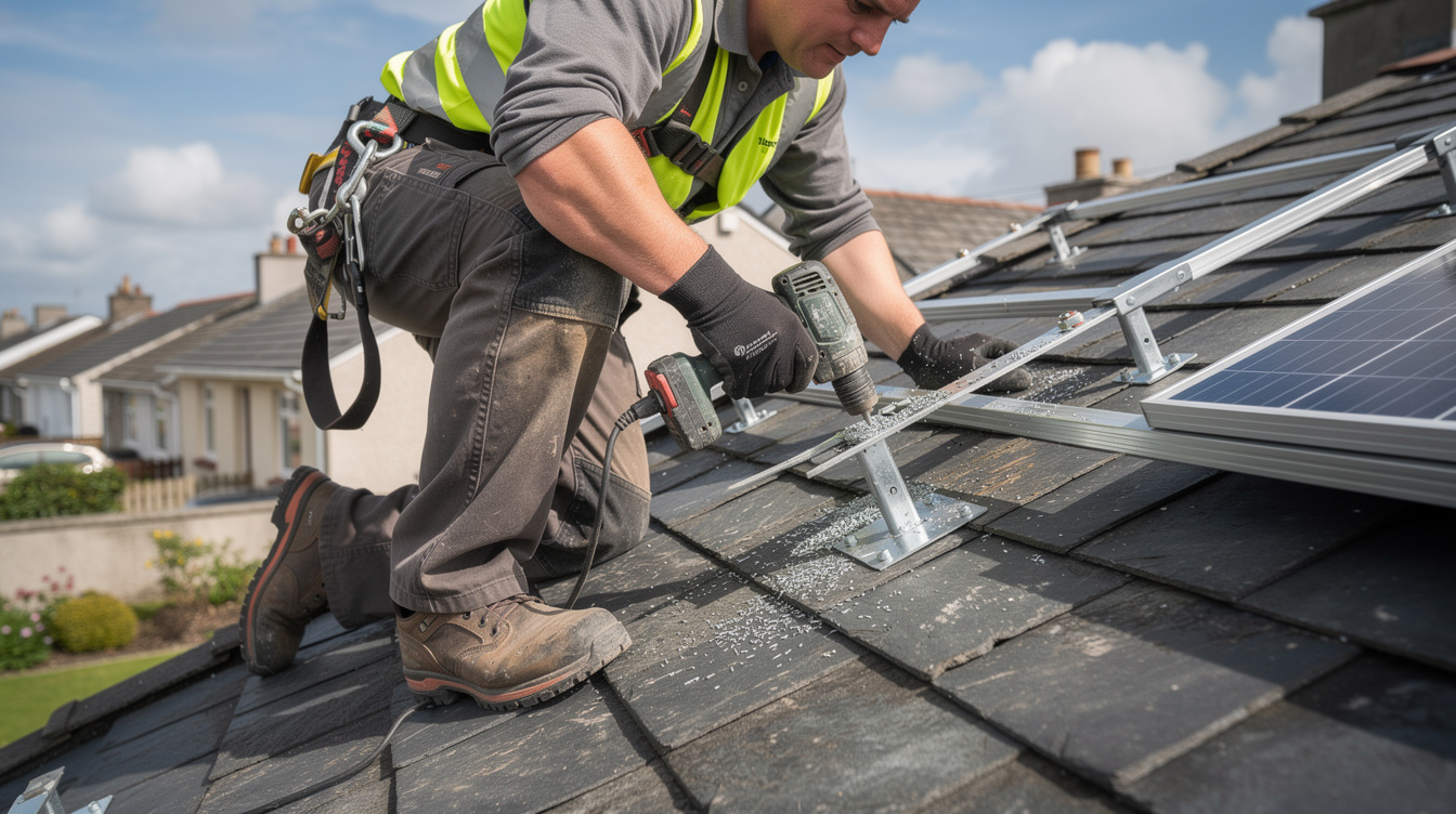 Solar panel installer fitting mounting brackets on a slate roof in Ireland