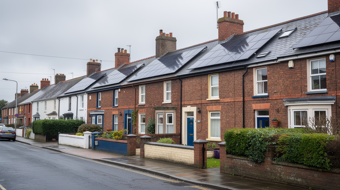 Row of terraced houses with solar panels on roofs in an Irish neighbourhood