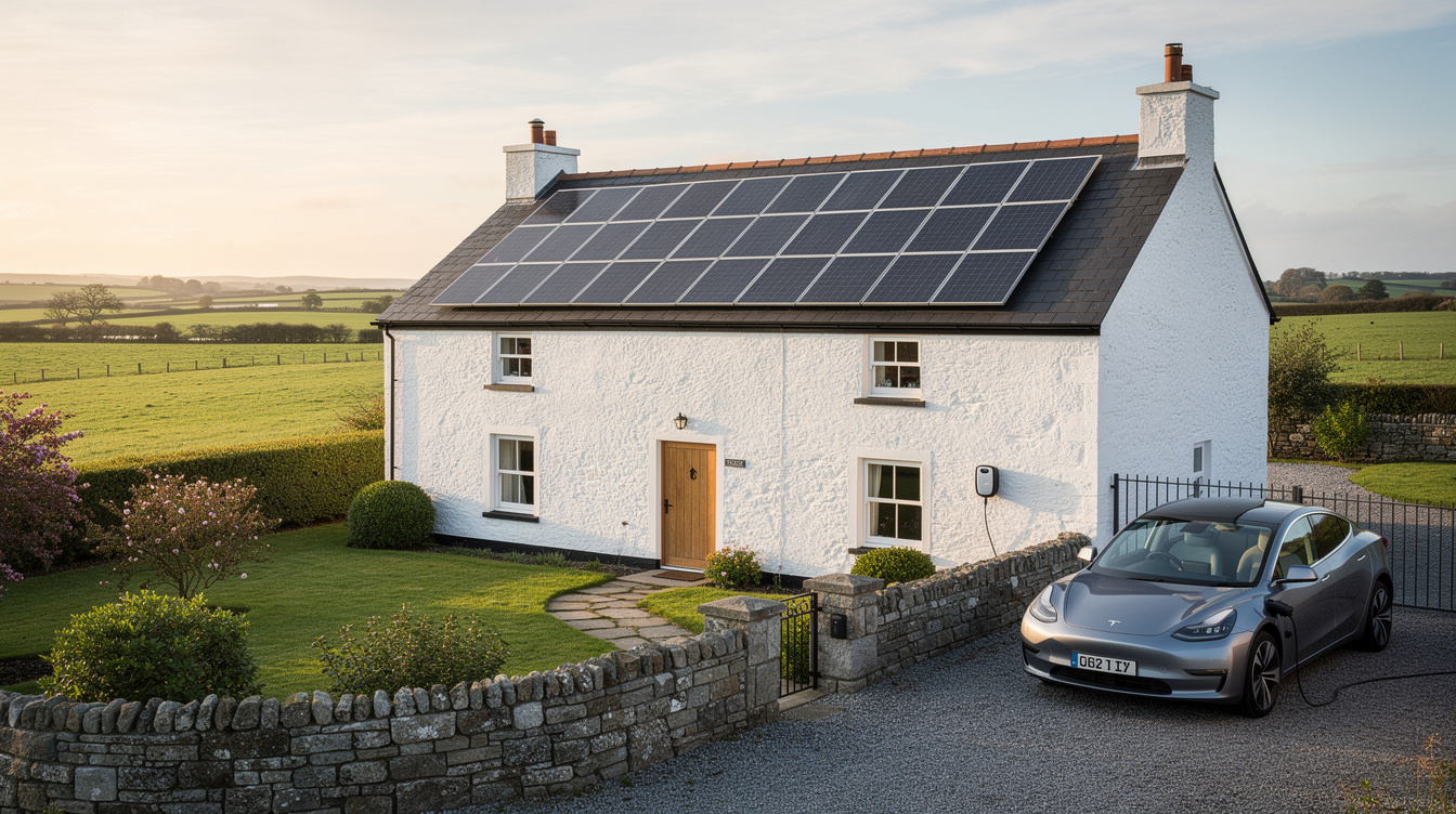 Irish farmhouse with solar panels on roof and electric car charging in driveway, green Meath countryside
